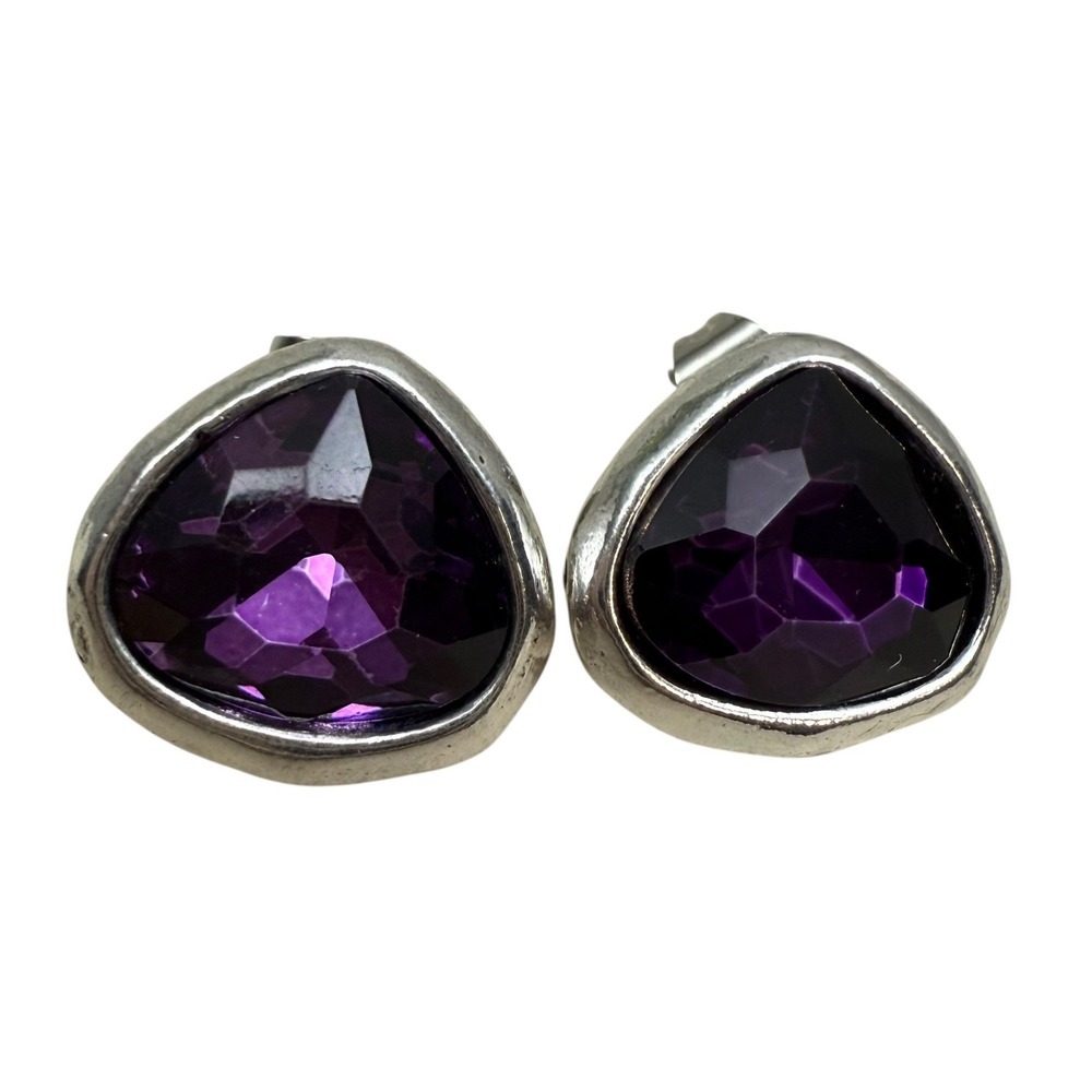 Silver Tone Amethyst Purple Faceted Stone Post Earrings Statement Jewelry 1/2 in